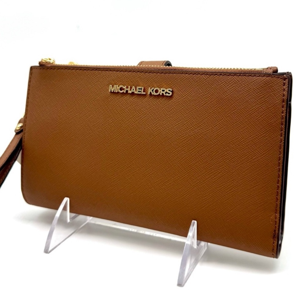 Michael Kors Large Jet Set Travel Logo Double Zip Wallet Luggage Brown